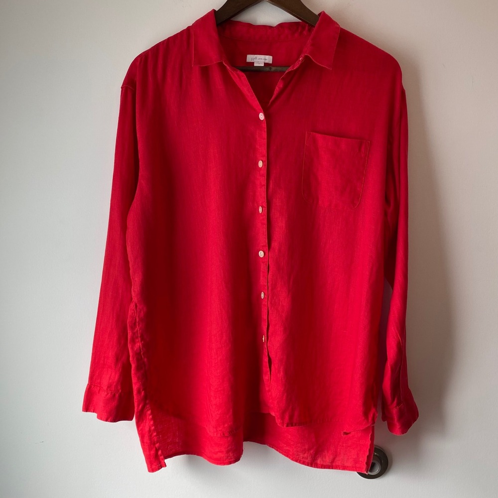 J. Jill Button Down Women M Red Love Linen Long Sleeve Pocket High Low Hem Shirt